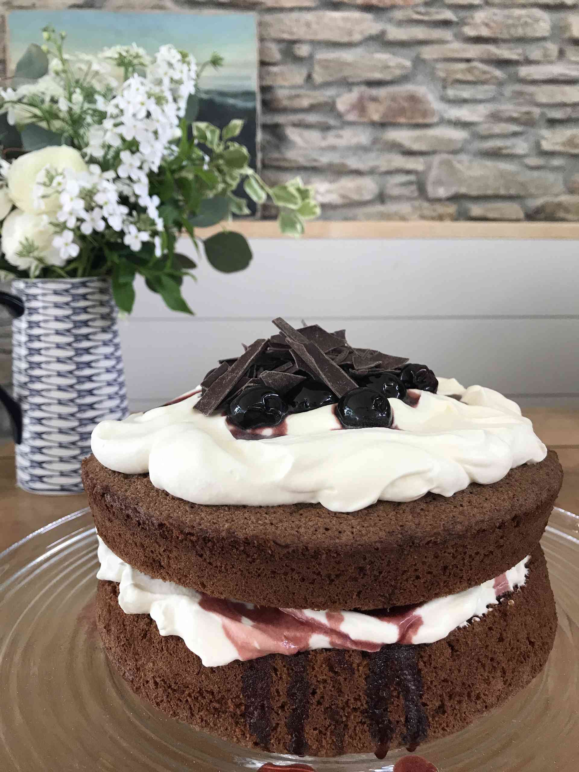 Black Forest Cake on a glass plate.