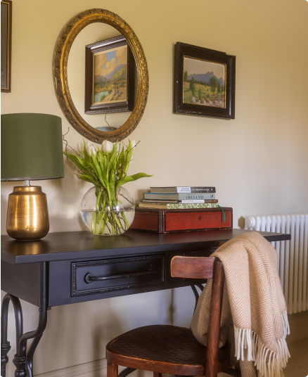 Bureau with books a plant and a lamp.