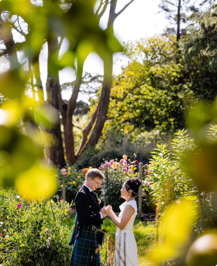 Wedding couple holding hands.