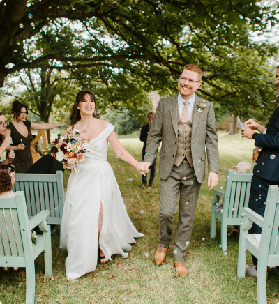 Wedding couple celebrating.