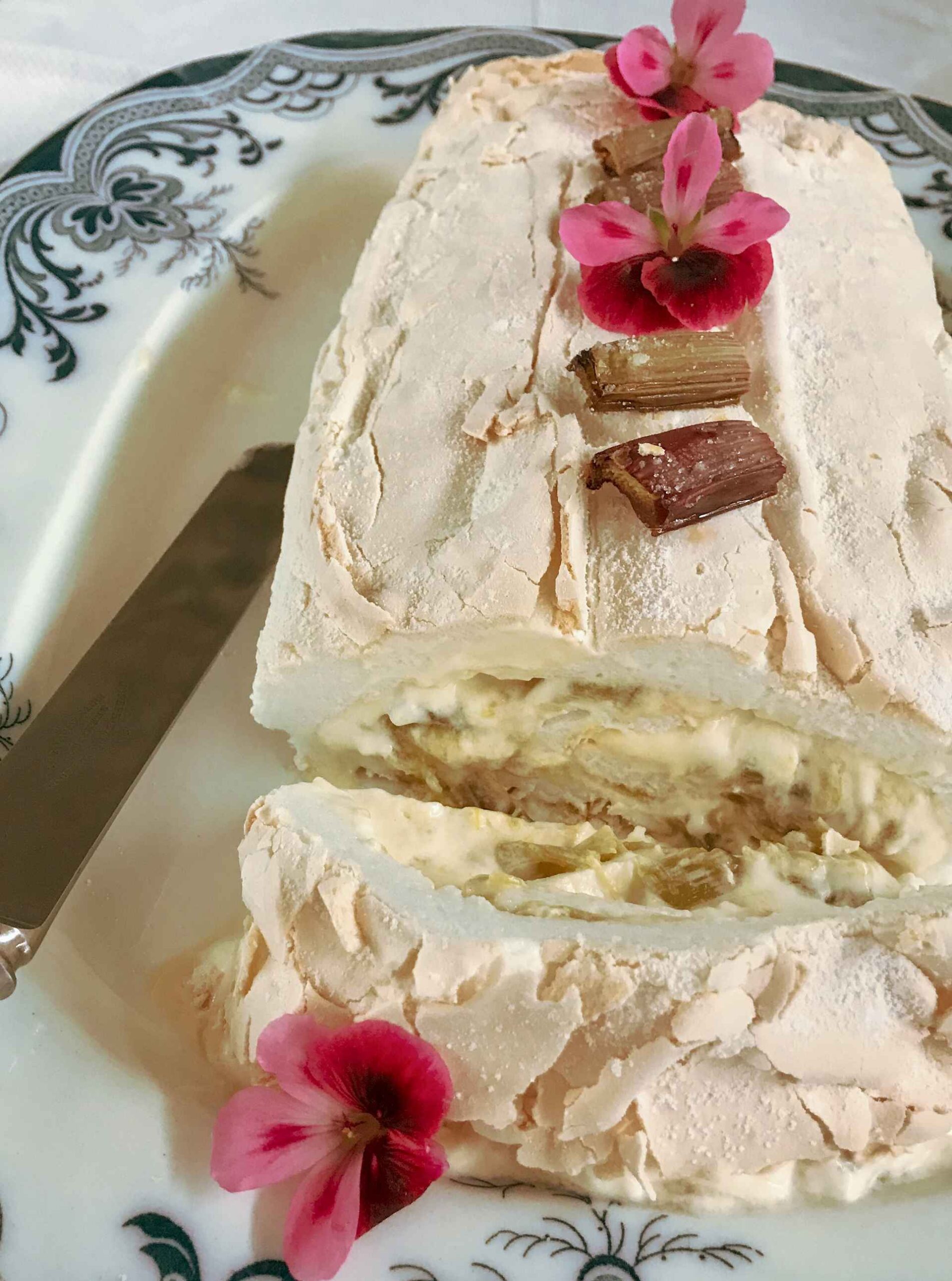 Meringue Roulade on a plate.