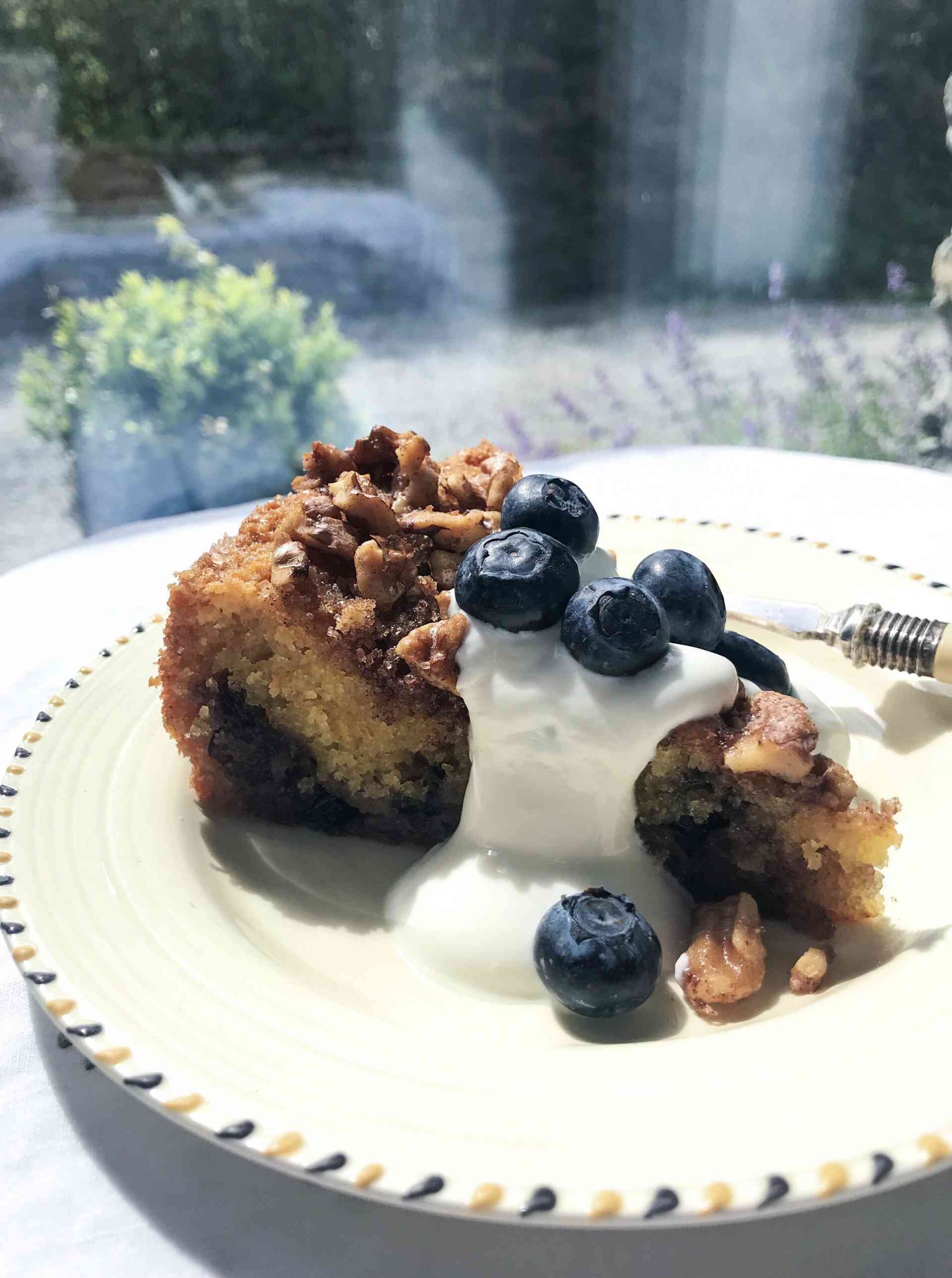 Blueberry crumble cake on a plate.