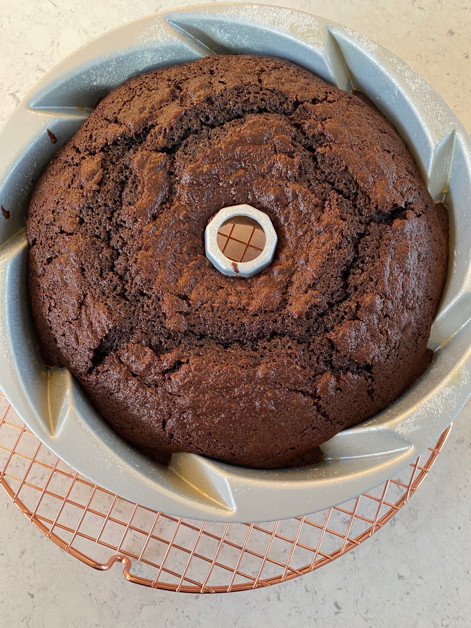 Guinness Chocolate Bundt Cake in the cake tin on a rack.