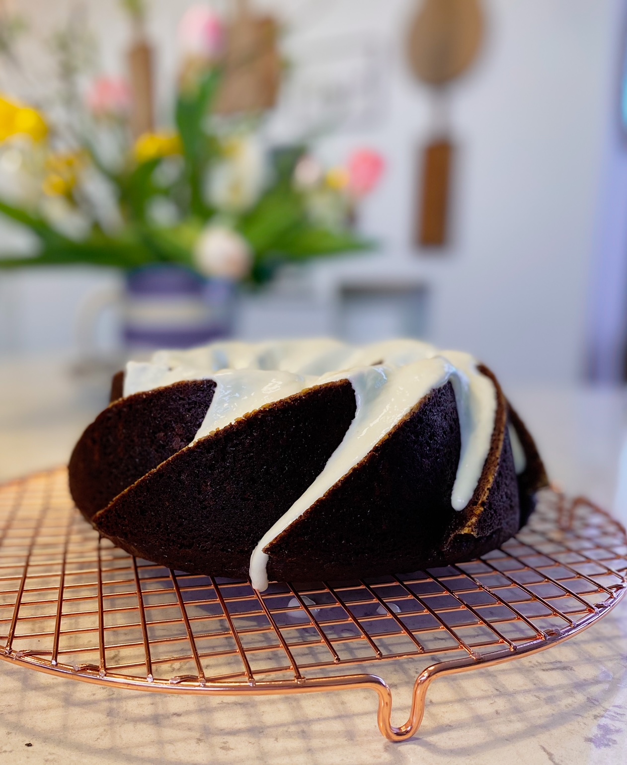 Guinness Chocolate Bundt Cake on a rack.