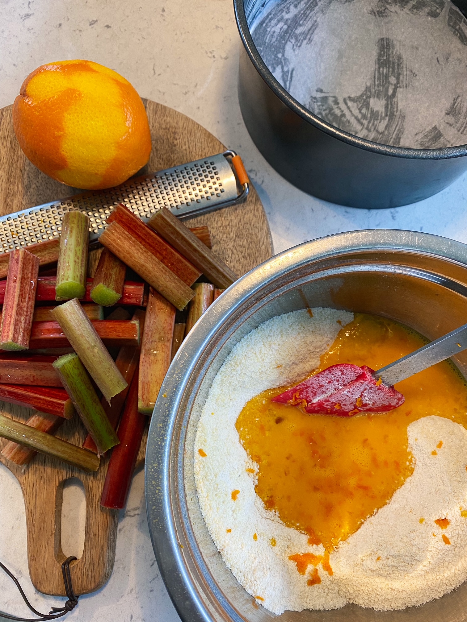 Rhubarb, Orange and Almond Cake being made.