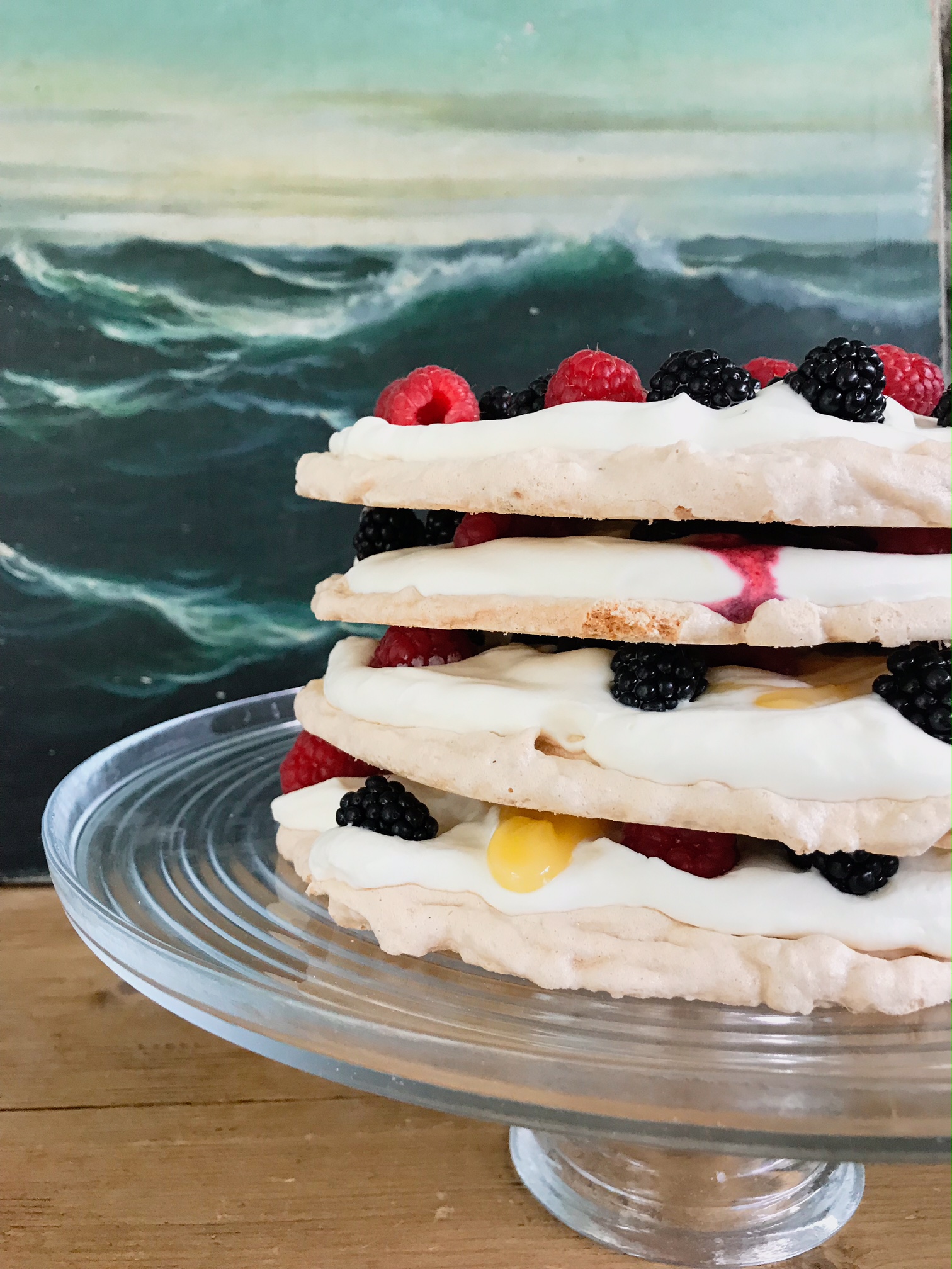 Blackberry layered cake on a plate.