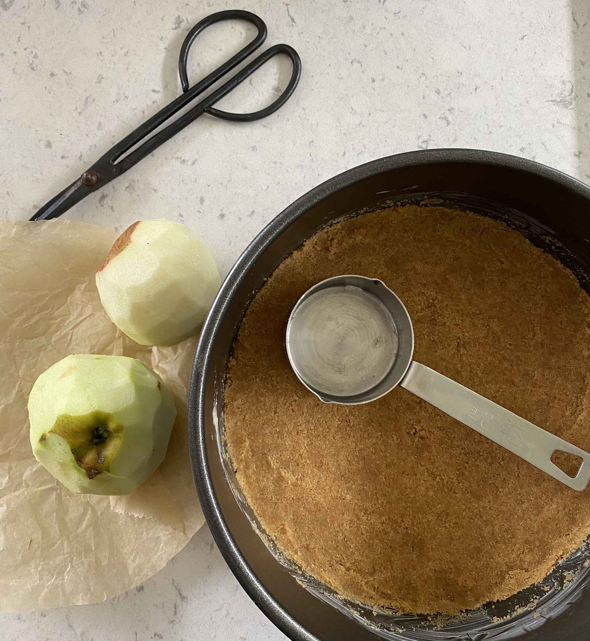 Apple, Cinnamon & Maple Syrup Baked Cheesecake being made.