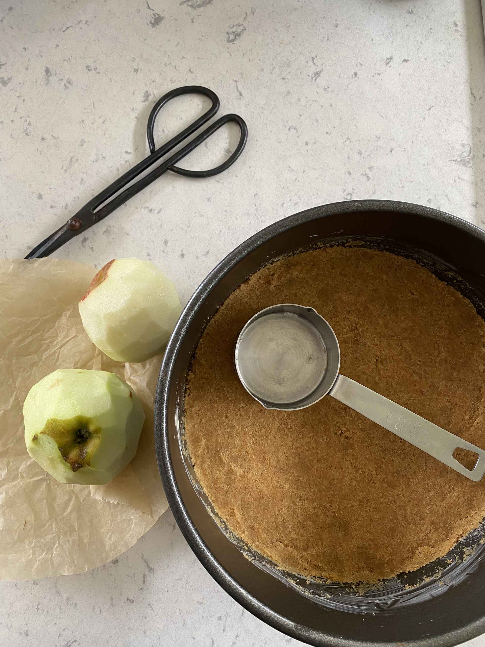 Apple, Cinnamon & Maple Syrup Baked Cheesecake being made.