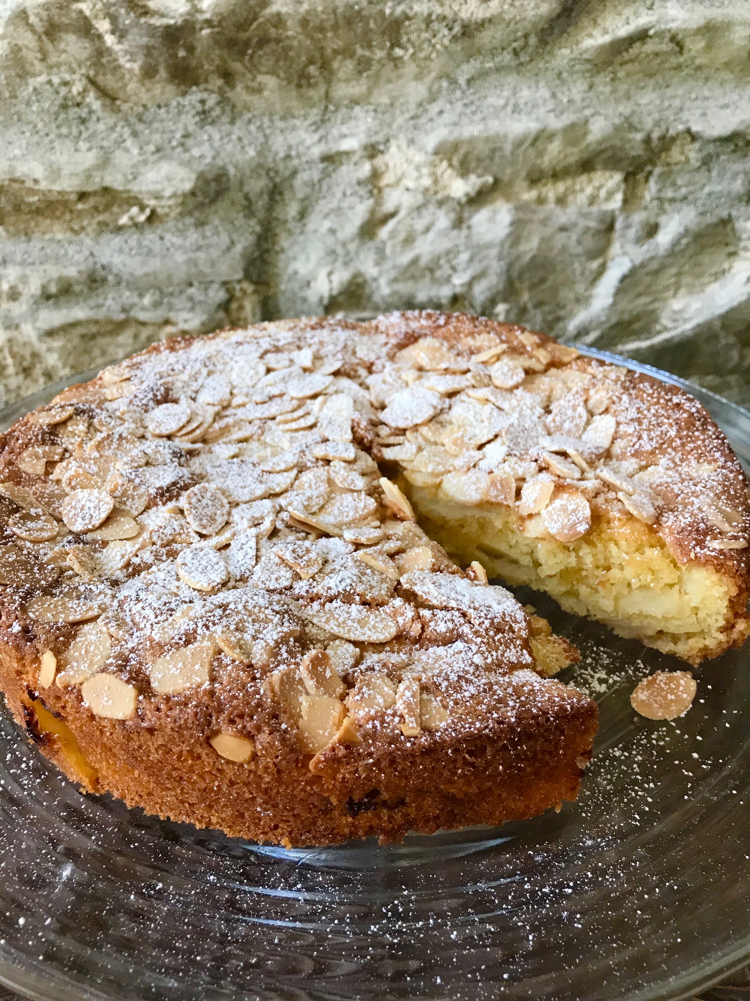 Dunowen apple cake on a glass plate.