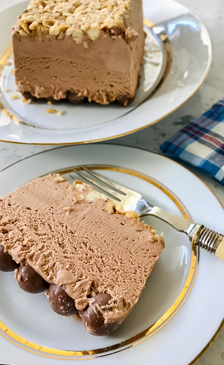 Malteser Hazelnut Frozen Parfait slice on a sideplate.