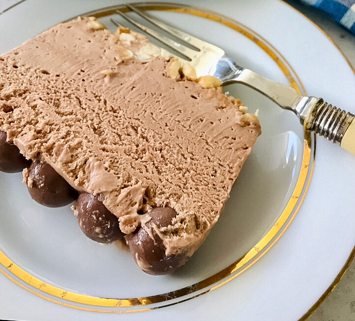 Malteser Hazelnut Frozen Parfait slice on a sideplate.