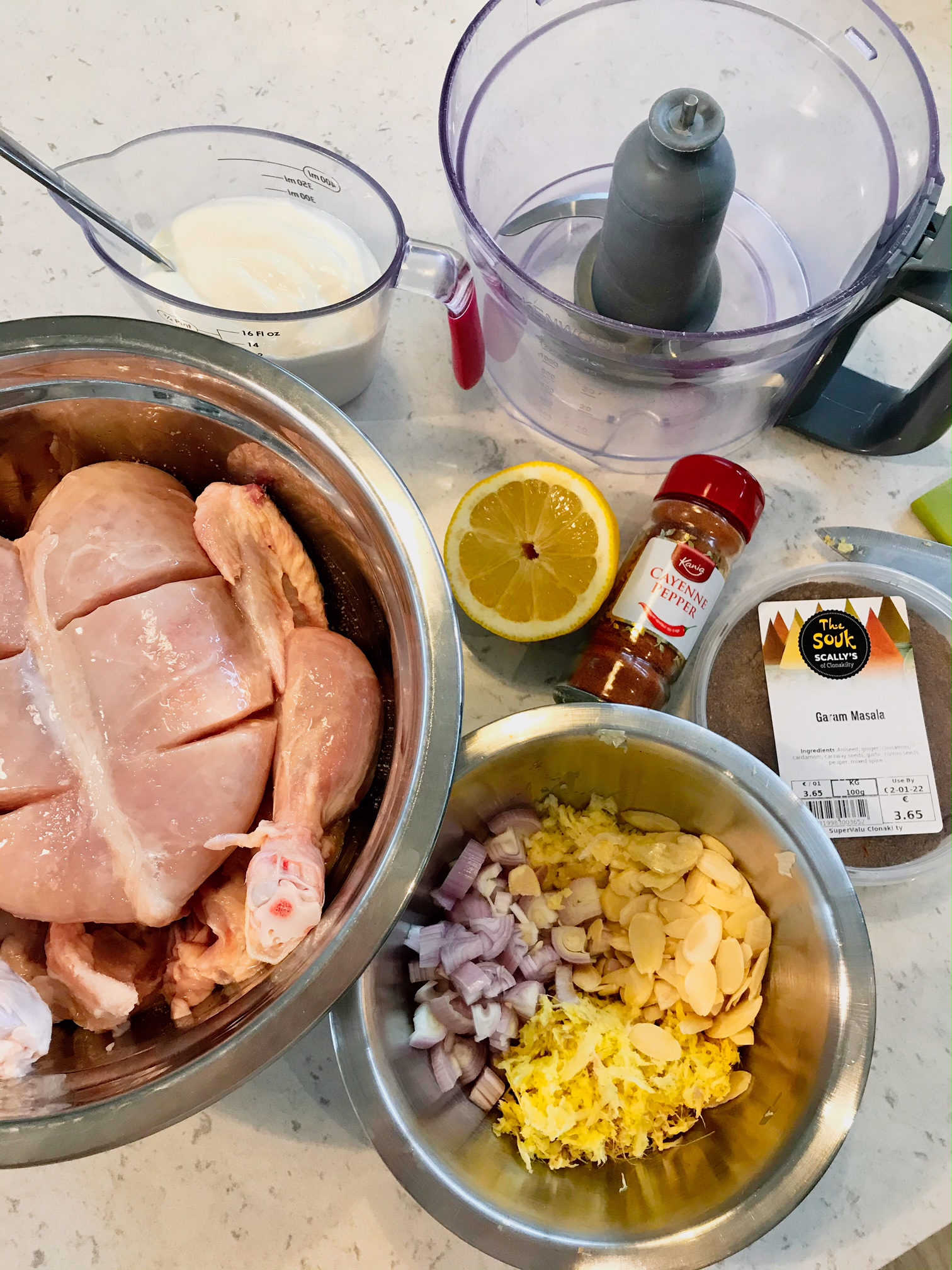 Curry ingredients on a kitchen countertop.