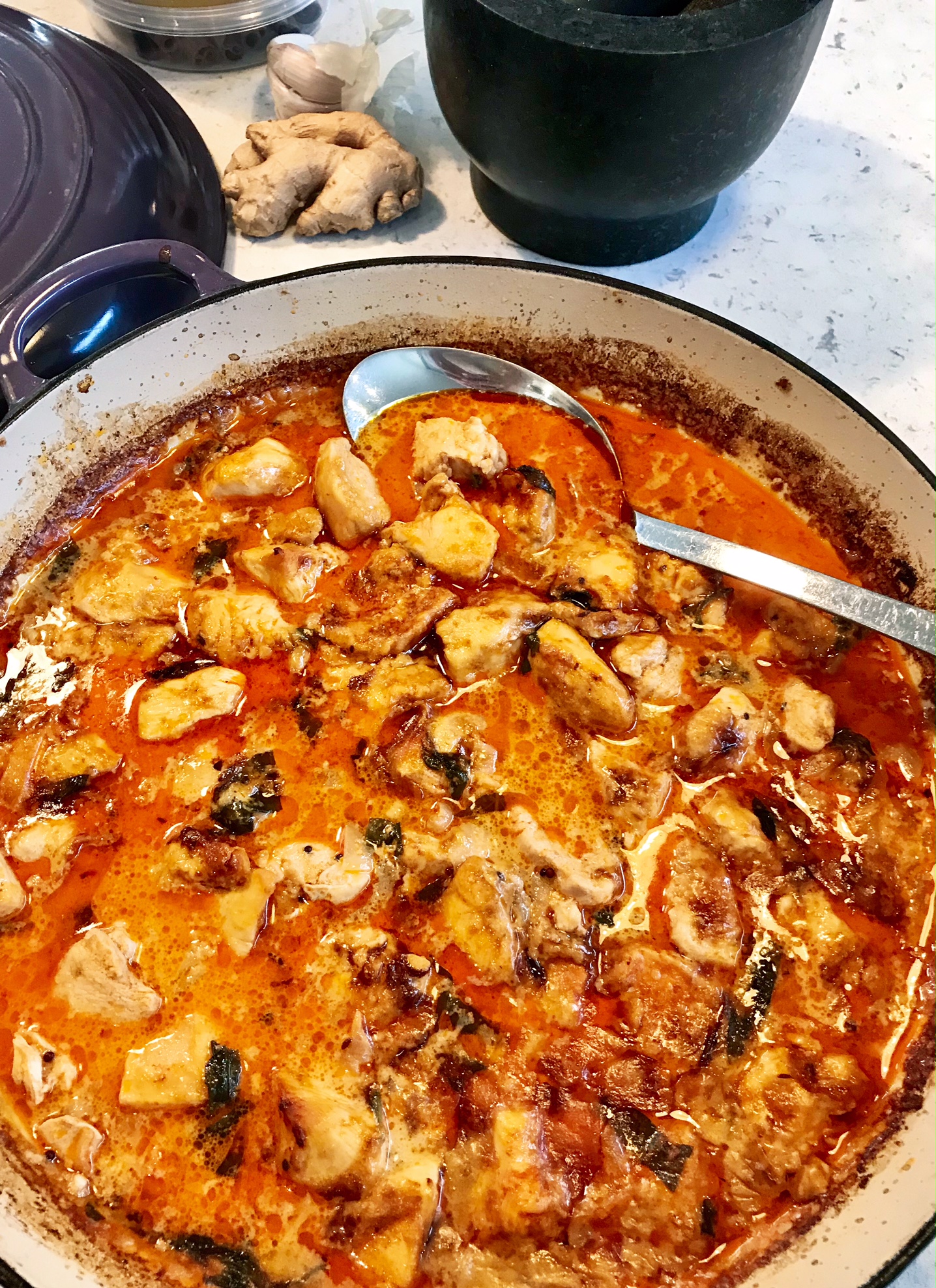 Curry with ginger in a pan on a kitchen countertop.