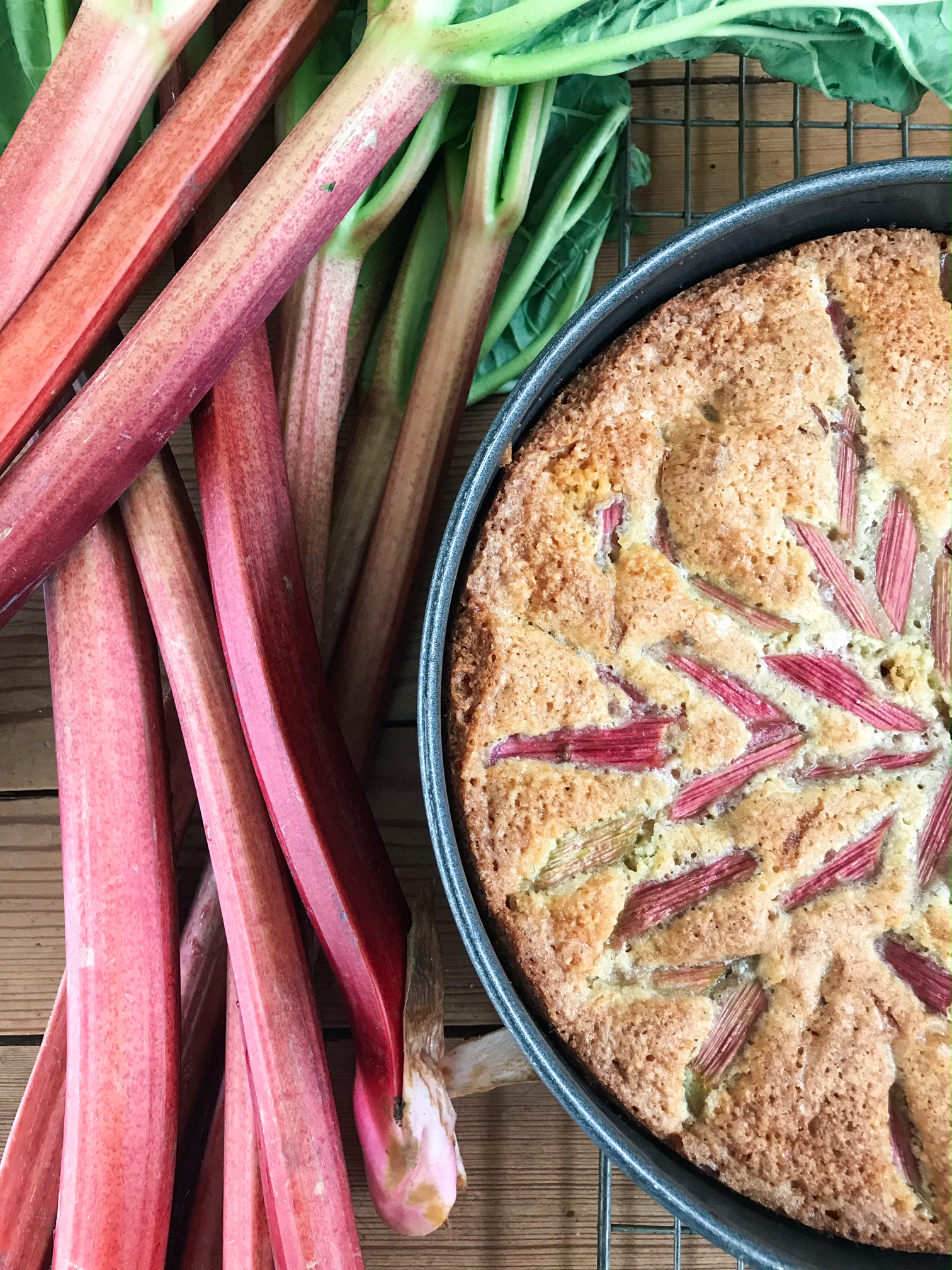 Rhubarb cake in a cake pan on a rack with rhubarb on the side on a wooden table.