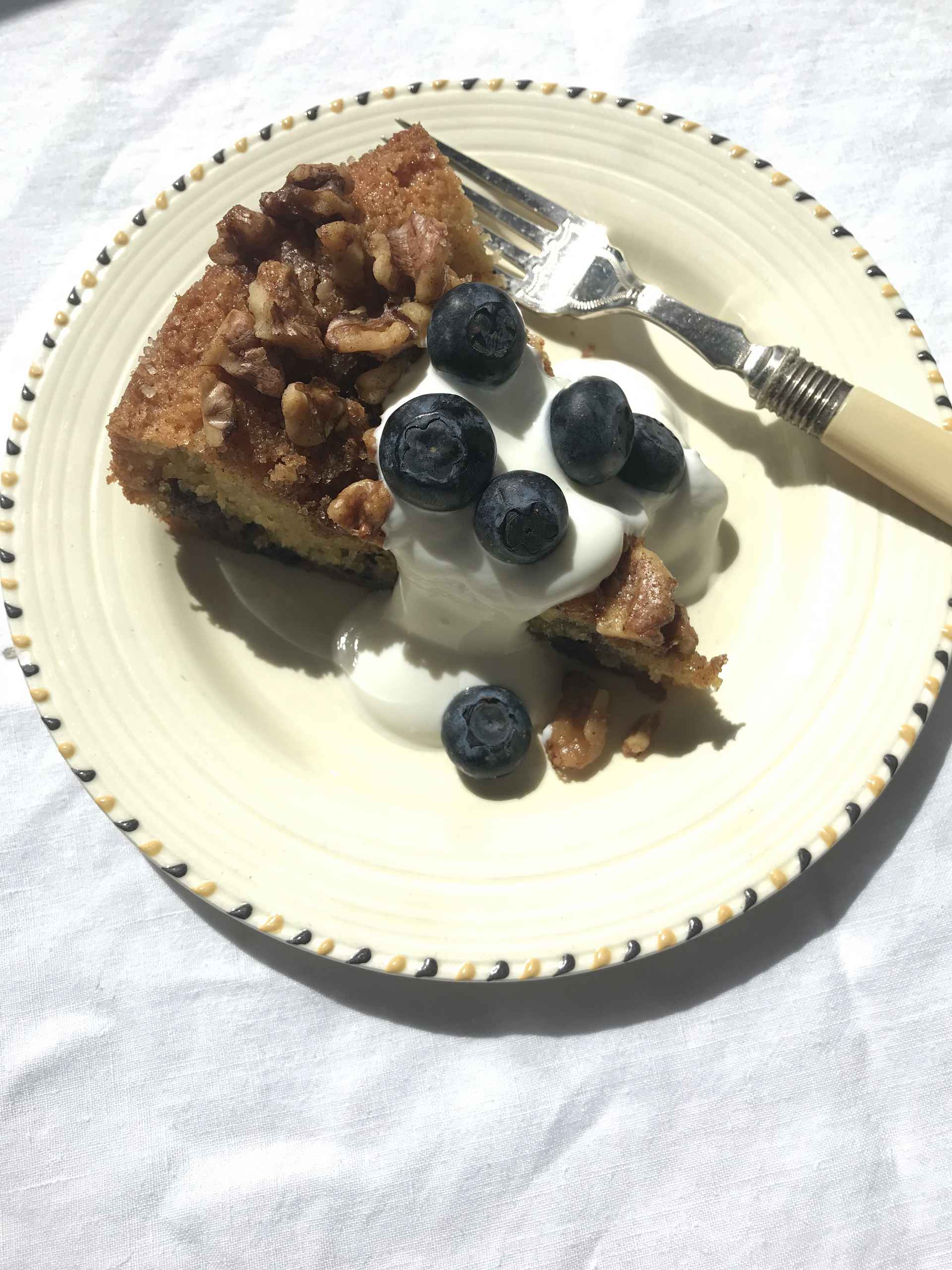 Blueberry crumble cake on a plate.